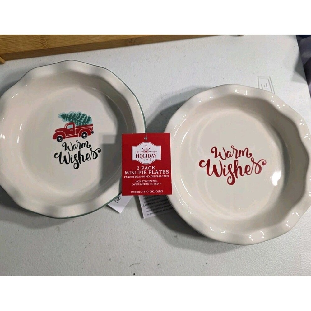Holiday Time Mini Pie Baking Dish Stoneware 2 Pack Red Truck Christmas Trees